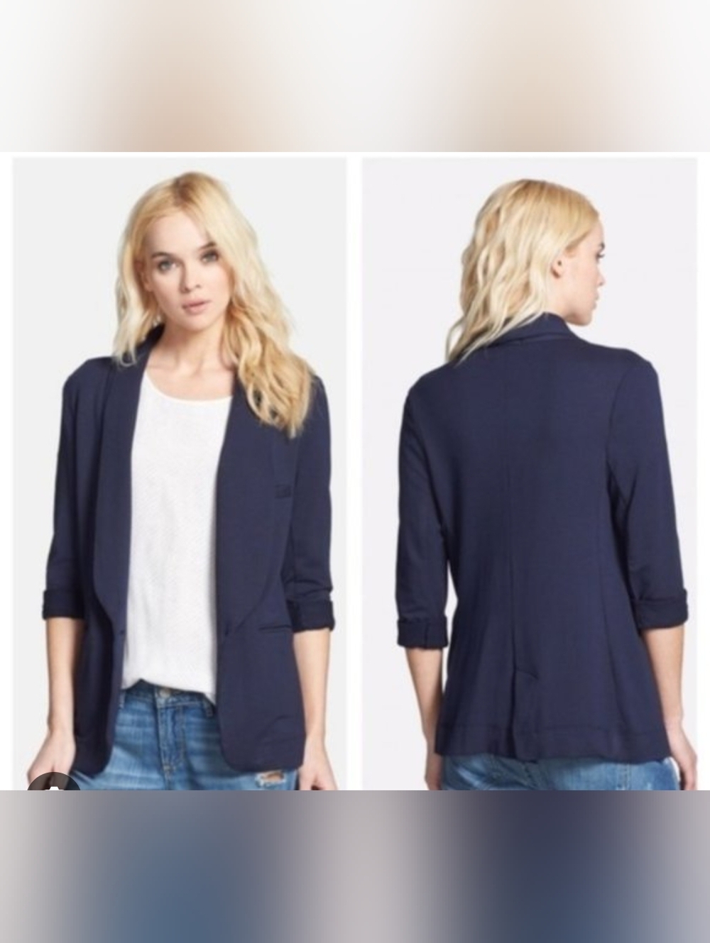Umgee 💙 Navy Open-Front Blazer with Roll-Tab Sleeves 💙 Size Large